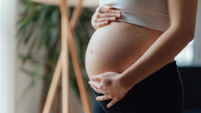 Midsection of Pregnant Woman Holding Her Belly 