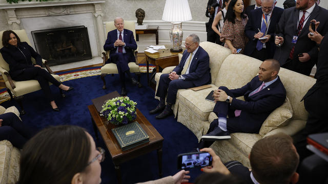 U.S. President Joe Biden and Vice President Kamala Harris host Congressional leaders, including Senate Majority Leader Charles Schumer and House Minority Leader Hakeem Jeffries for a meeting about raising the debt limit in the Oval Office at the White House on May 16, 2023 in Washington, DC. 